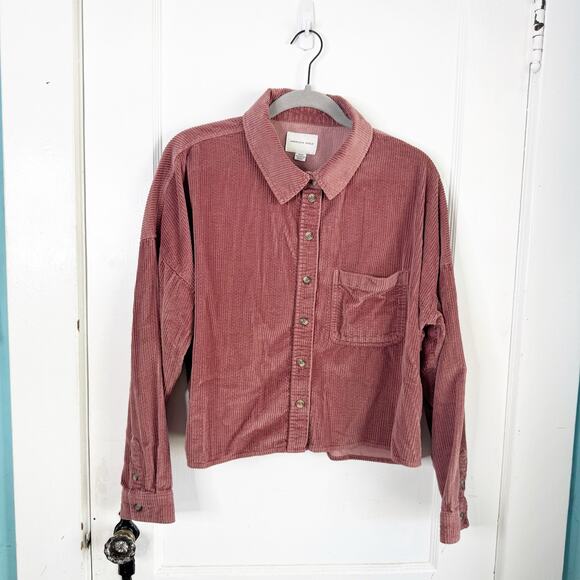 American Eagle AE Dusty Rose Collared Corduroy Top Cropped Button Down Size M - Picture 1 of 11